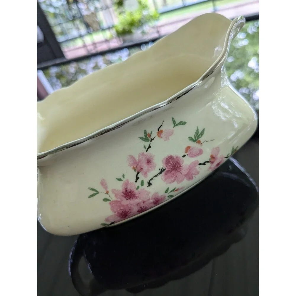 Vintage Canarytone Gravy Boat Cherry Blossoms Unmarked Silver Trim Porcelain